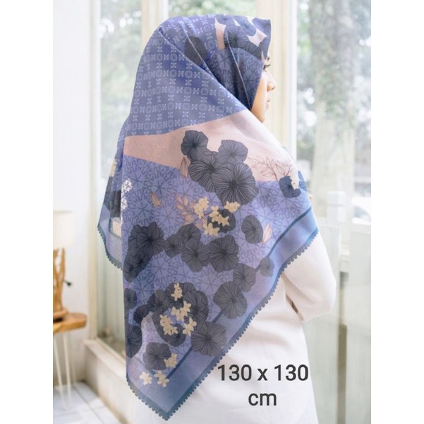 sale hijab segiempat motif Bunga Binjai Biru jumbo 130x130 jilbab voal kerudung series