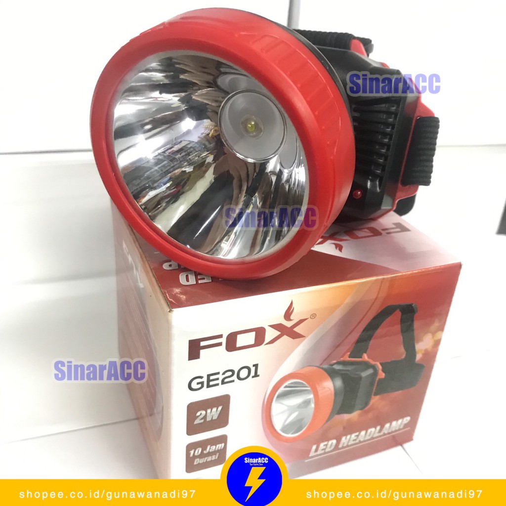 Senter kepala Fox 2W fox Ge 202 Cahaya Putih 10Jam Penerangan Rechargeable Charge senter cas 201