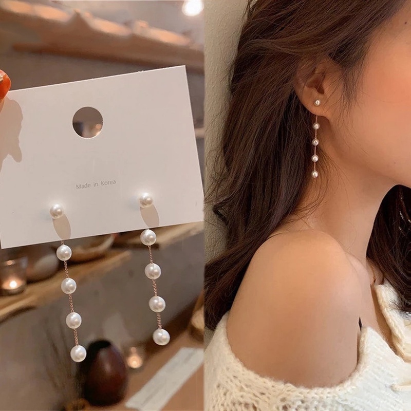 1 / 12 Pasang / Set Anting Rumbai Menjuntai Aksen Mutiara Berlian Imitasi Bahan Logam Warna Putih Gaya Korea Untuk Wanita