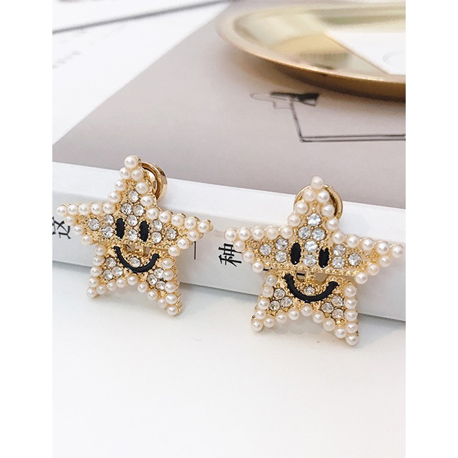 LRC Anting Tusuk Fashion Golden Smiley Pearl Earrings With Diamonds D68251