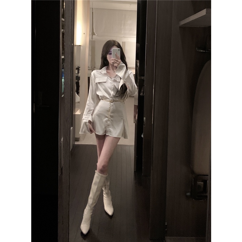 midi dress korea satin shirt dress lengan panjang putih rok pendek A-line