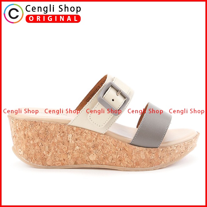 SANDAL WEDGES KULIT OBERMAIN WANITA ORIGINAL ASLI TERBARU ABU-ABU OW14