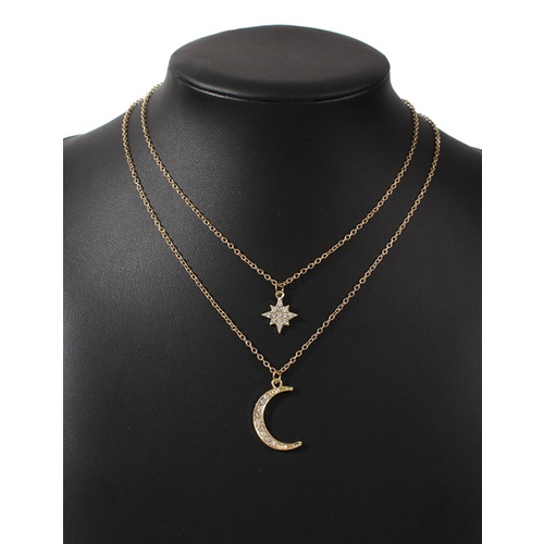 LRC Kalung Fashion Gold Color Alloy Diamond Double Crescent P28936