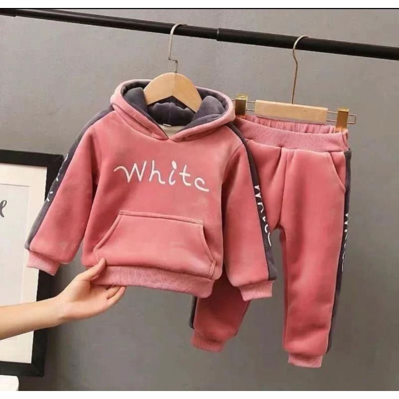 setelan hoodie whitc bahan atasan dan bawahan flece