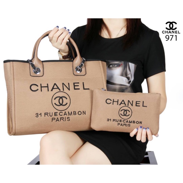 New CHANEL Deauville Sharon Shopper Tote Bags 2in1 Canvas Vs Leather like Ori leather (971)