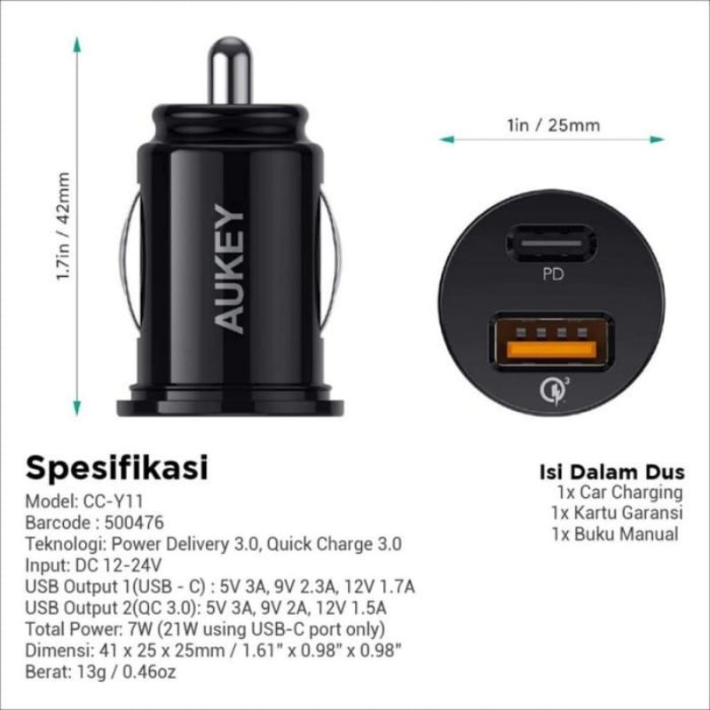 Aukey Car Charger CC-Y11 with Power Delivery + QC 3.0