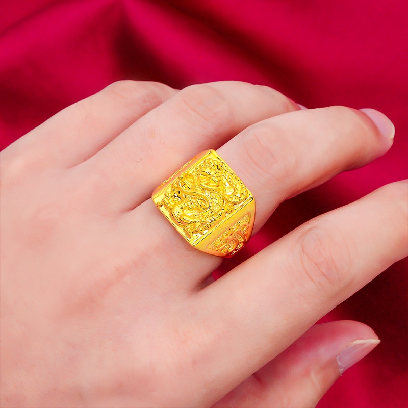 Cincin Emas Asli Kadar 375 Model Terbuka Dapat Disesuaikan Desain Naga Timbul Untuk Pria