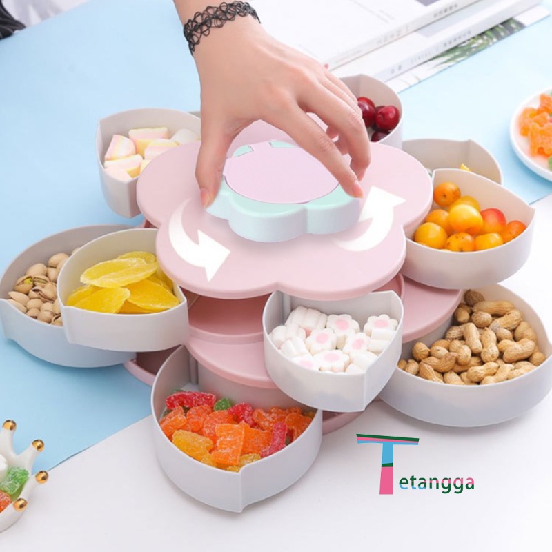 Toples Bunga Mekar,rotating Putar Kue/Candy/Snack/buah Tingkat 2 Susun + Tempat Dudukan Storage Box