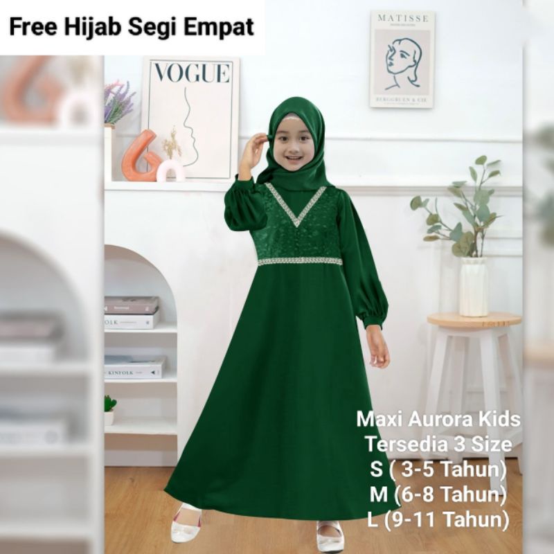 Pakaian Gamis Anak Perempuan Terbaru Maxi Aurora Kids 3-11 Tahun Free Hijab Segi Empat Matt Moscrepe Good Quality