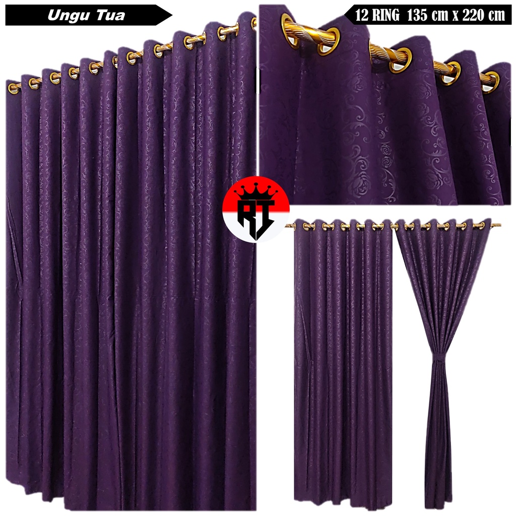 Gorden Smokring 12 Ring Hordeng Pintu Jendela Kamar Polos Embos Warna Ungu Tua Uk Lebar Tinggi 135x2