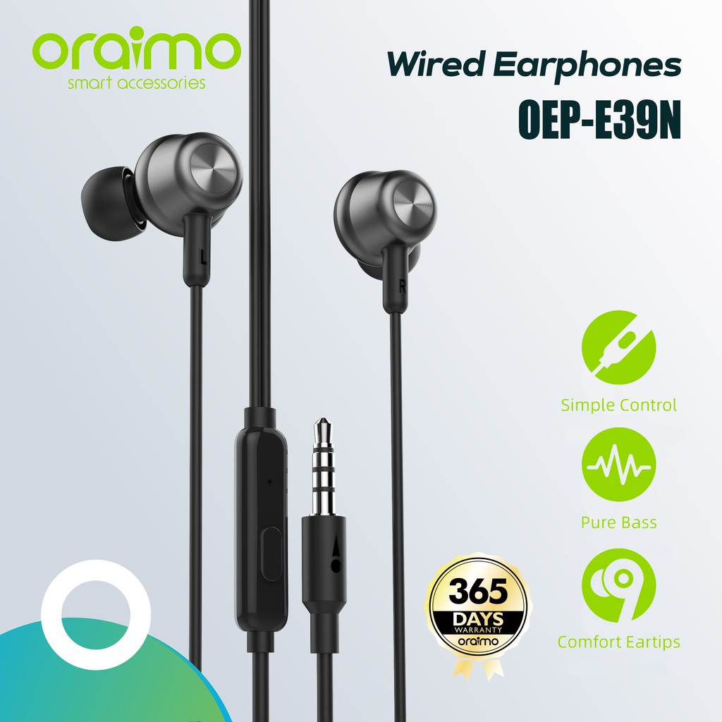 Oraimo OEP-E39N Headset Kabel In-Ear Earphone Handsfree dengan Mic 3.5mm - Hitam