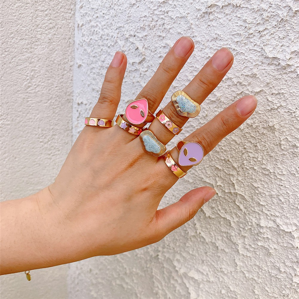 【COD Tangding】Smile Finger Rings Men Love Heart Alien Face Rings Women Punk Enamel Geometric Girls Crystal Fashion Jewelry