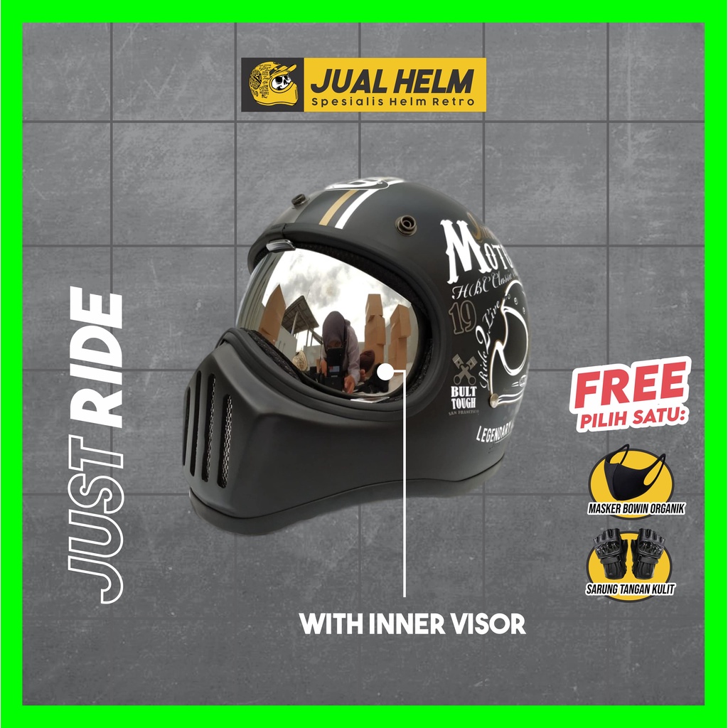 Helm Cakil HBC Just Ride Black + Inner Visor Chrome ( Fullface / Retro / Klasik / Vespa )