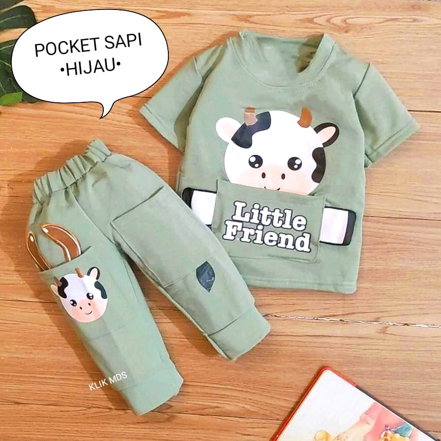 Setelan Anak Laki - Laki / Baju Bayi Cowok usia 3 bulan - 3 tahun Lengan Pendek Dan Celana Panjang Ada Kantong Motif Little Giraffe