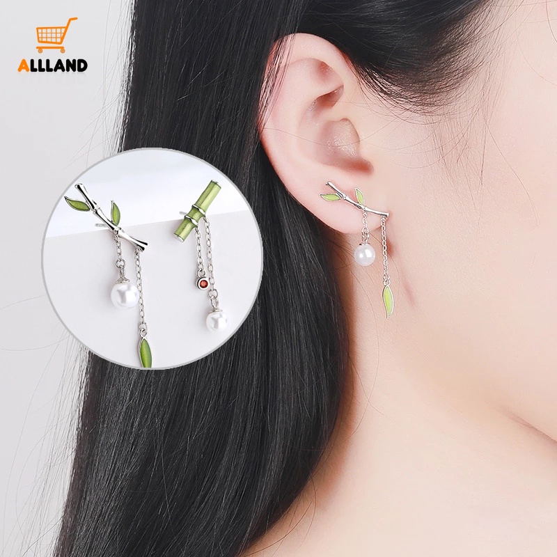 Anting Rumbai Desain Daun Bambu Asimetris Aksen Mutiara Gaya Vintage Korea Untuk Wanita