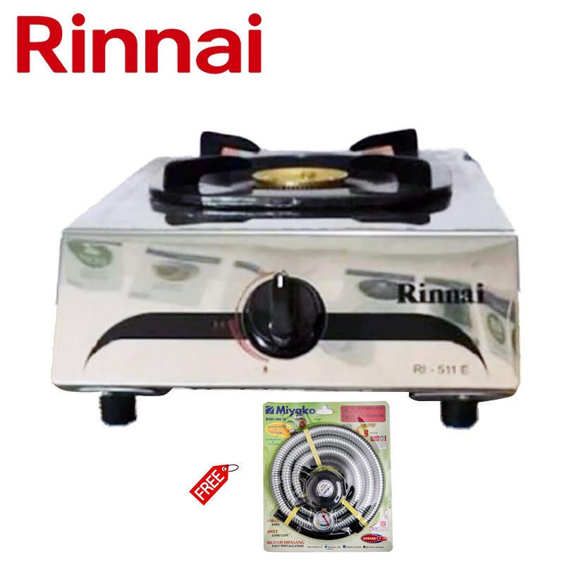 Rinnai RI-511E Kompor Gas 1 Tungku Stainless FREE Paket Miyako Selang Gas Meter