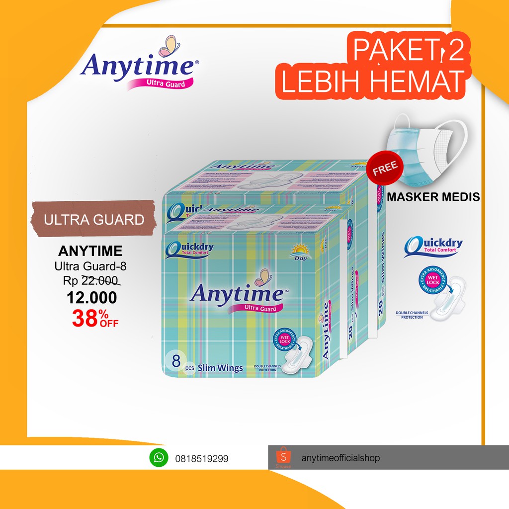 

Anytime Pembalut - Ultra Guard Day 8pc - 24cm Active Day And Relax Night - Paket 2 Bags