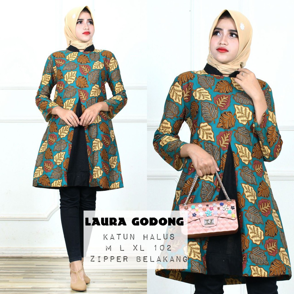 Tunik Laura Godong Seling Warna Aksen Belahan Depan Batik Muslim Kantor Midi