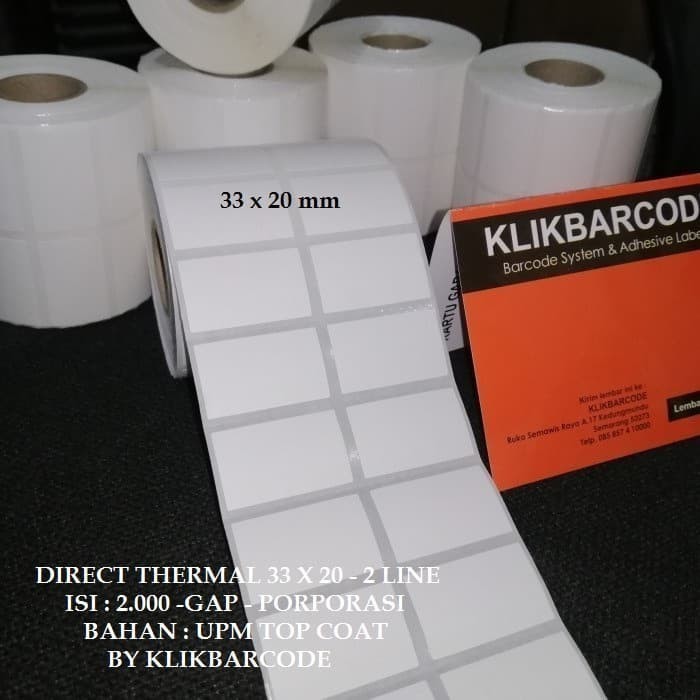 

LABEL BARCODE THERMAL DIRECT 33 X 20 - 2 LINE - GAP PORPORASI - TOP COAT - ISI : 2.000 PCS - XPRINT