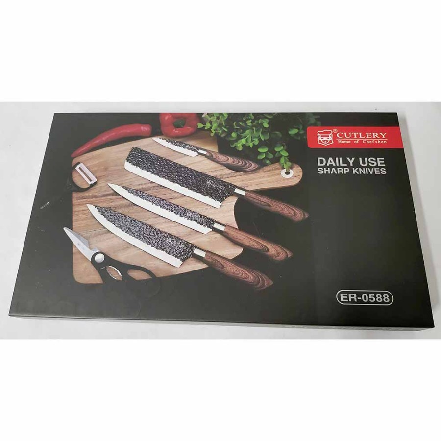 Set Pisau Dapur 6 in 1 Gunting Peeler Pengupas Buah - ER-0588 - Black/Brown