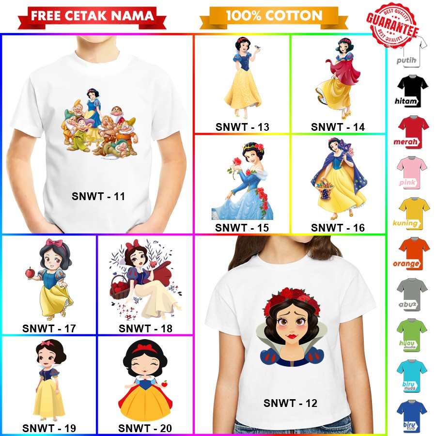 [FREE NAMA!!] Baju Kaos ANAK DAN DEWASA SNOW WHITE BANYAK MOTIF