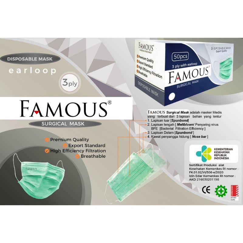 masker medis famous 3ply surgical mask isi 50pcs izin kemenkes disposable