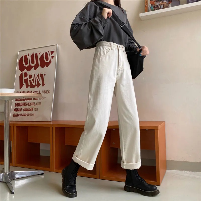 Korean New Women's Loose High Waist Wide Leg Jeans