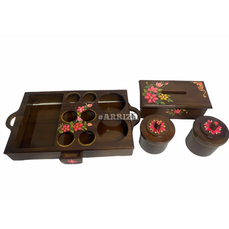 termurah TEMPAT AQUA GELAS SET TOPLES + TEMPAT TISU DARI KAYU JATI MOTIF WARNA LUKIS