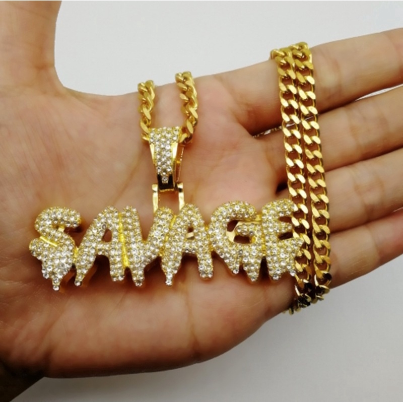 SEUSUK Hip Hop Brass Gold Chain Miniature Pavé Cubic Zircon SAVAGE Pendant Necklace Charm Men's Gift