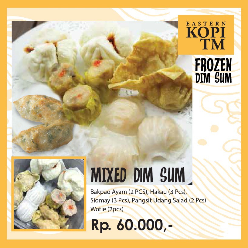 

Mix Dimsum Frozen (Bakpao Ayam,Siomay,Hakau,Pangsit Udang Salad,Wotie)