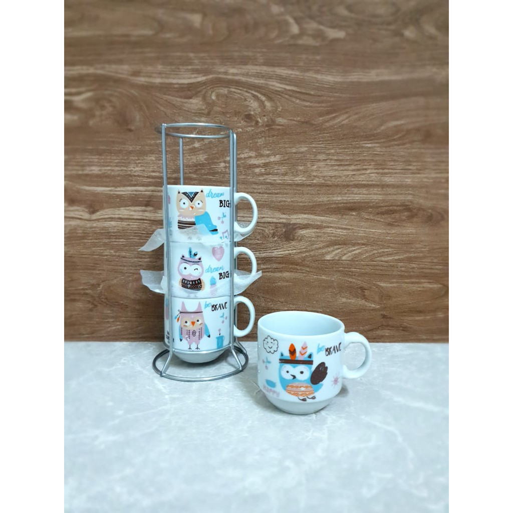 BABEE MUG KERAMIK SET 4 SUSUN SIZE S / CANGKIR GELAS 4 SUSUN BANYAK MOTIF / MUG TEH KOPI / KADO UNIK-Owl