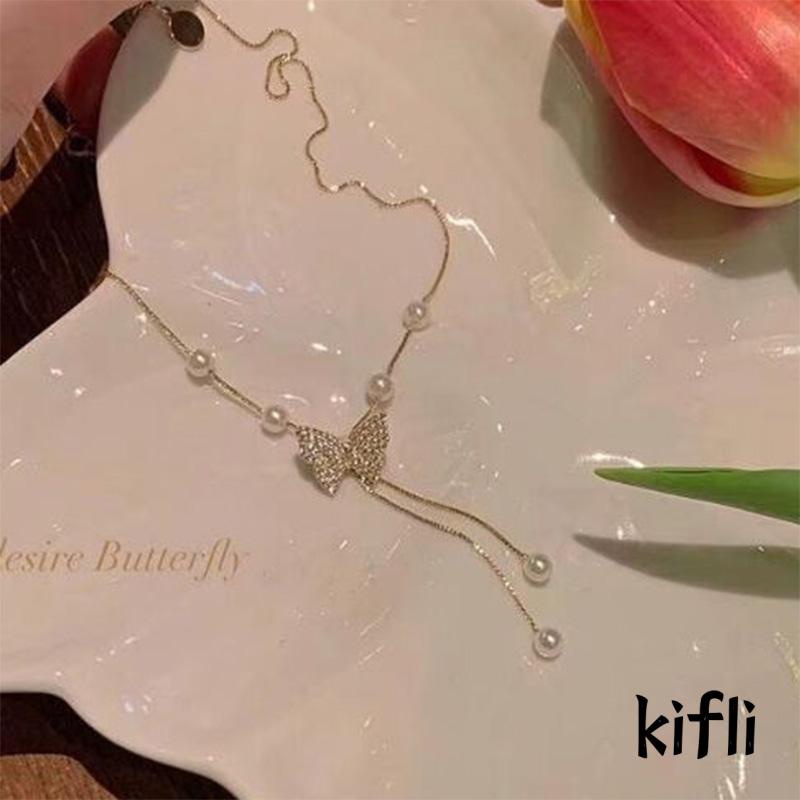 Butterfly Kalung Rantai Liontin Kupu-Kupu Hias Zircon + Mutiara Mewah Ringan Untuk Wanita (KD)