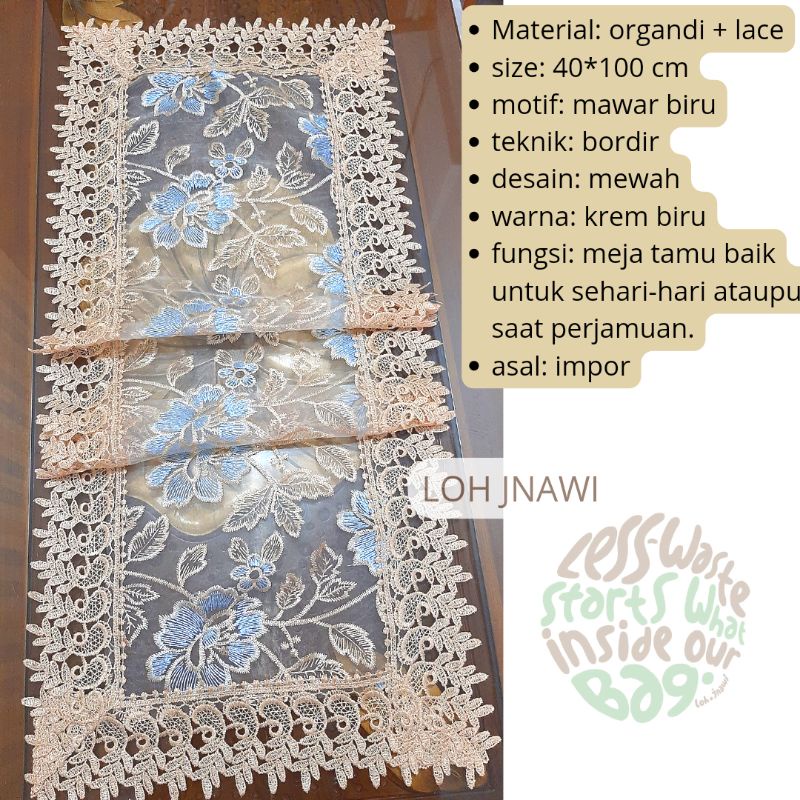 Taplak Meja Tamu Bordir Transparan Organdi 40x100 cm Mewah Premium Impor