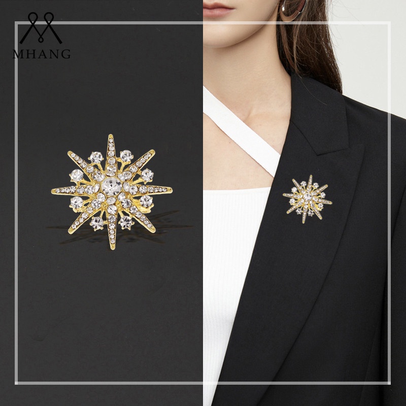 Bros Pin Bentuk Snowflake Bintang Segi Delapan Bahan Metal Warna Silver Dan Emas Untuk Wanita