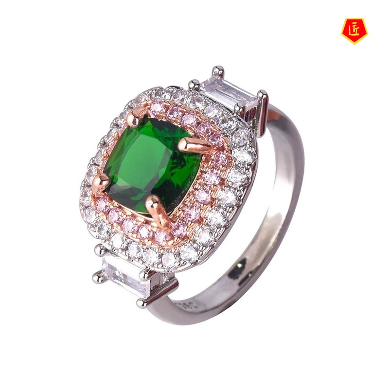 [Ready Stock]INS Style Two-Tone Inlaid Emerald Square Diamond Ring