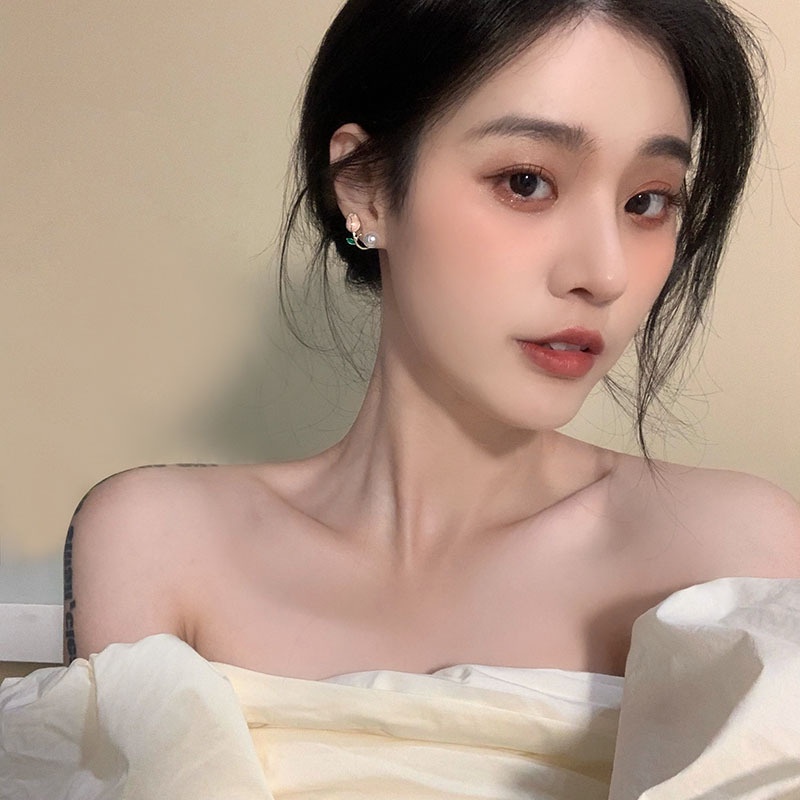 Papaozhu Korea Fashion Emas Mutiara Tulip Stud Anting Untuk Wanita Gadis Manis Pink Bunga Klip Anting-Anting s925 Perak Pertunangan Pernikahan Bunga Telinga Perhiasan