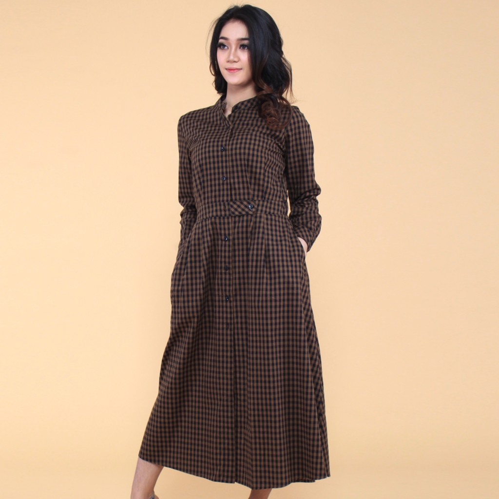 Benhill Gamis Wanita  Flannel Lengan Panjang Coklat Kotak Hitam 0519-55-31518