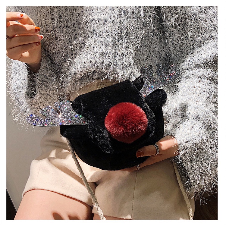 TAS RUSA SELEMPANG BULU BELUDRU BAG DEER SLINGBAG BONEKA RED NOSE REEINDEER BELUDRU Tas Bulu Selempang Bahu Boneka Kepala Rusa Hidung Merah Beludru fluffy fur sling bag DEER Wanita Cewek Perempuan Korea Lucu Tas NATAL
