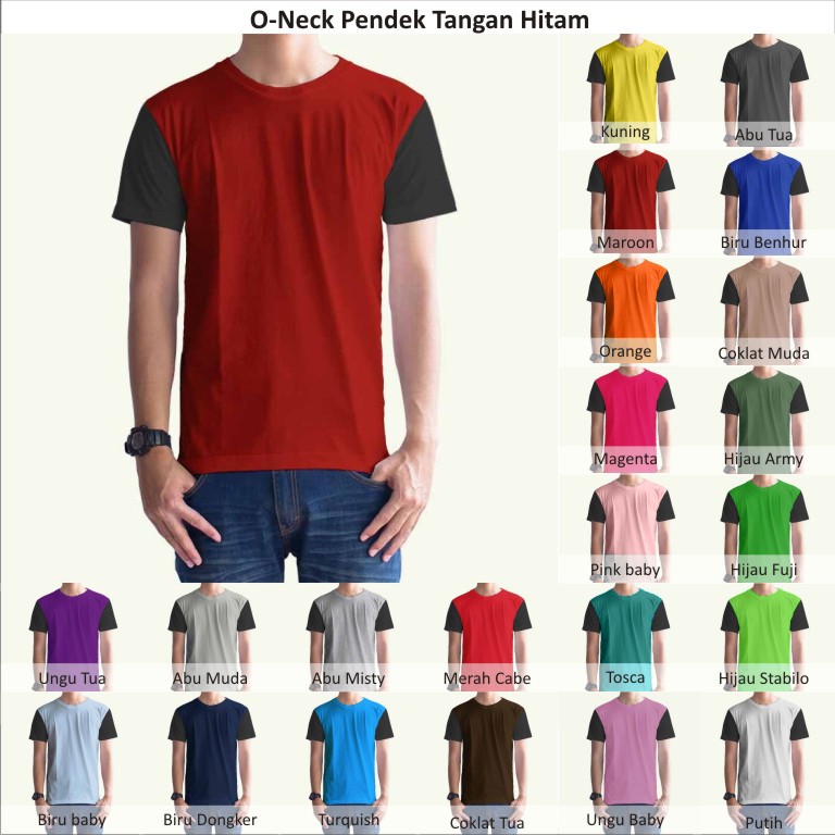 XL-XXL Tshirt Kaos Polos Oneck Pria Cowok Tangan Hitam Combed Jumbo Murah Grosir