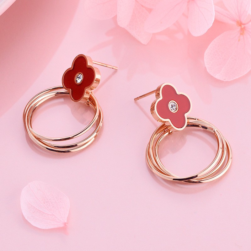 Anting bunga clover ring Titanium Korea Style Wanita Anti Karat - ercassia