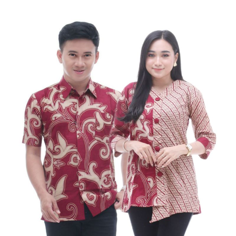 Atasan Batik Blouse Couple Pria Wanita Matt Katun Sania Ruffle Premium - Moti Kangkung Sopal Merah