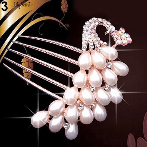 Wedding Bridal Rhinestone Faux Pearls Hairpin Flower Peacock Comb