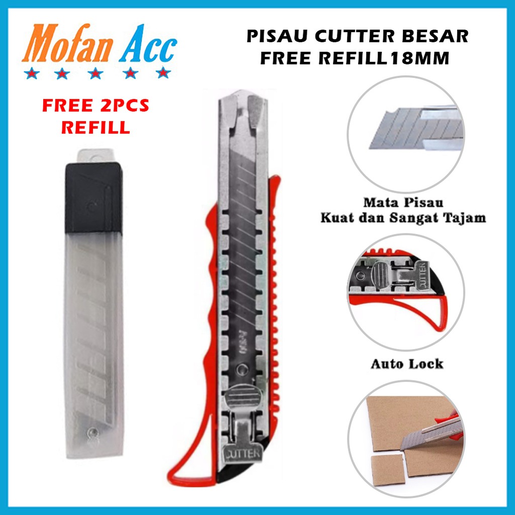 

Pisau Cutter Ukuran Besar FREE Refill 18mm Kater Pemotong Kertas Super Tajam Cuter Alat Potong Kardus Plastik Silet