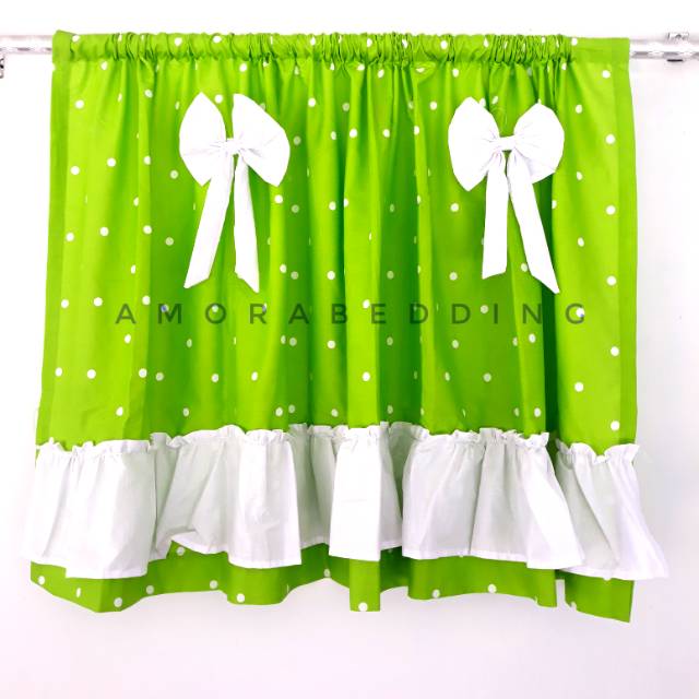 GORDEN KOLONG MEJA DAPUR DOTTIE HIJAU MIX POLOS PUTIH RUFFLE BAWAH + PITA