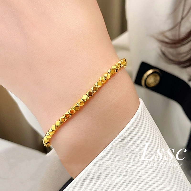 Gelang Titanium Manik Kubus Emas 18K Mewah Anti Karat Perhiasan Wanita Korea