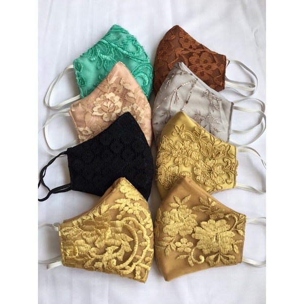Masker brokat DEWASA dan ANAK-ANAK 3ply motif bunga gold kuning hitam cokelat abu. masker pesta
