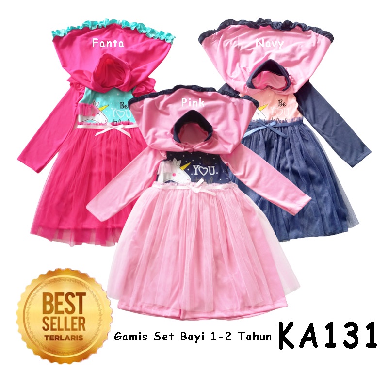 Set Gamis Hijab Muslim Bayi Anak Perempuan 1-2 Tahun Unicorn Princess Katun Baju Pesta KA131 Gaun Syari'i