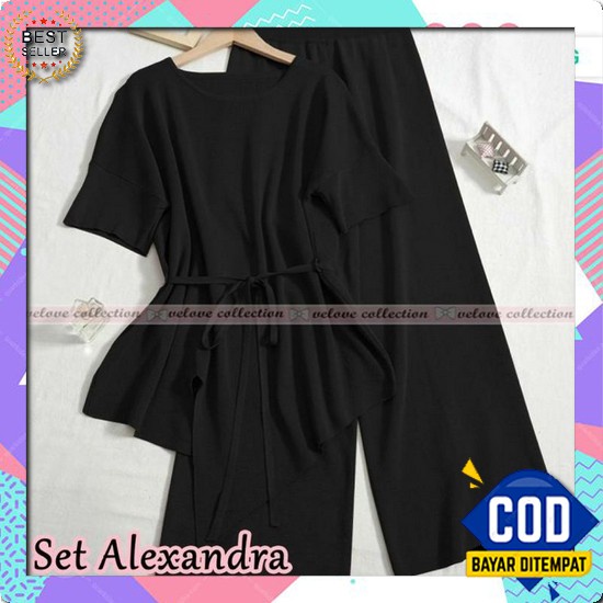 Setelan Setcel Crinkle Airflow Sandrina One Set Jipper Tunik Celana Se Set Alexandra Hitam [Setelan