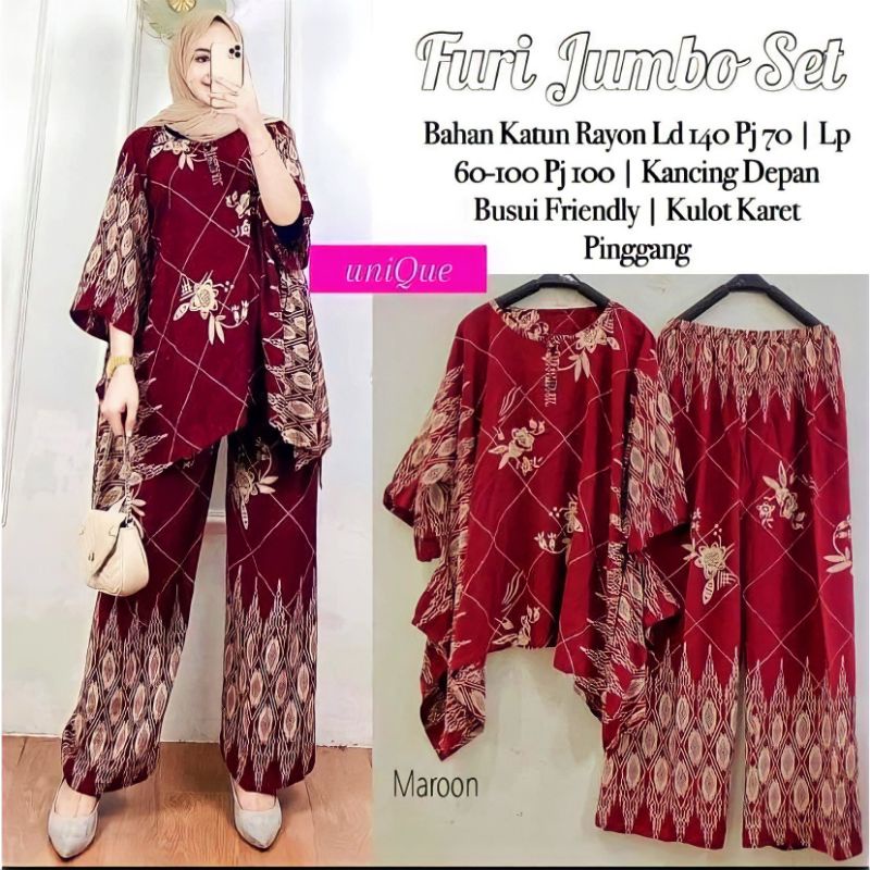 Furi Jumbo Set - One Set Jumbo Katun Rayon Tidie Premium Busui Setelan Wanita Waka Waka Set Celana Kulot Bigsize LD 140 cm