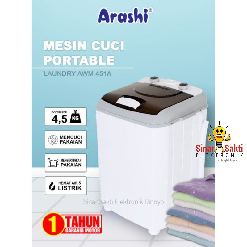 Mesin Cuci Portable Arashi AWM 451A 451 A 4.5 Kg 1 Tabung Mini Murah Sinar Sakti Malang